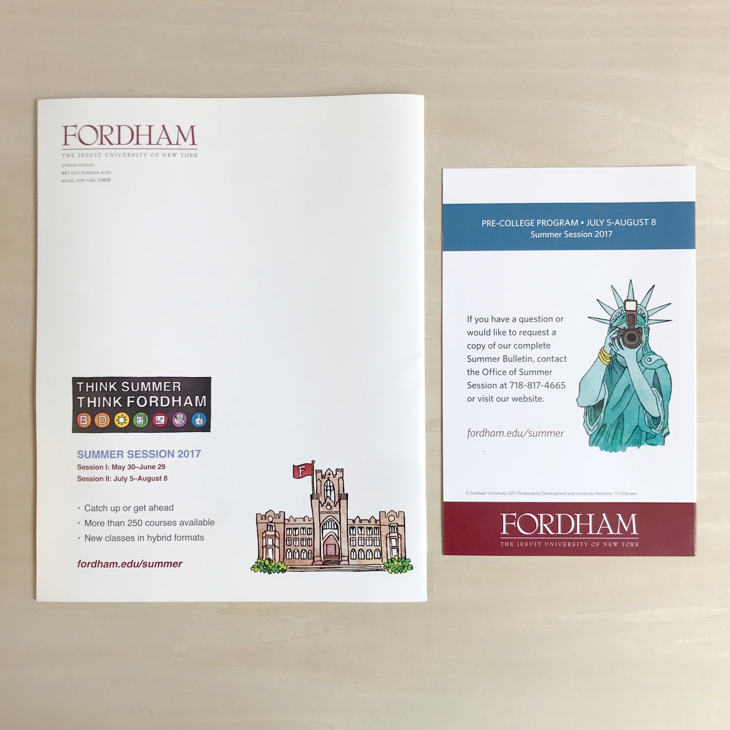 layout of backs of printed catalog on left and mailer on right for Fordham University's summer program. Illustrated customized Subway sign, Fordham building, Statue of Liberty on the back