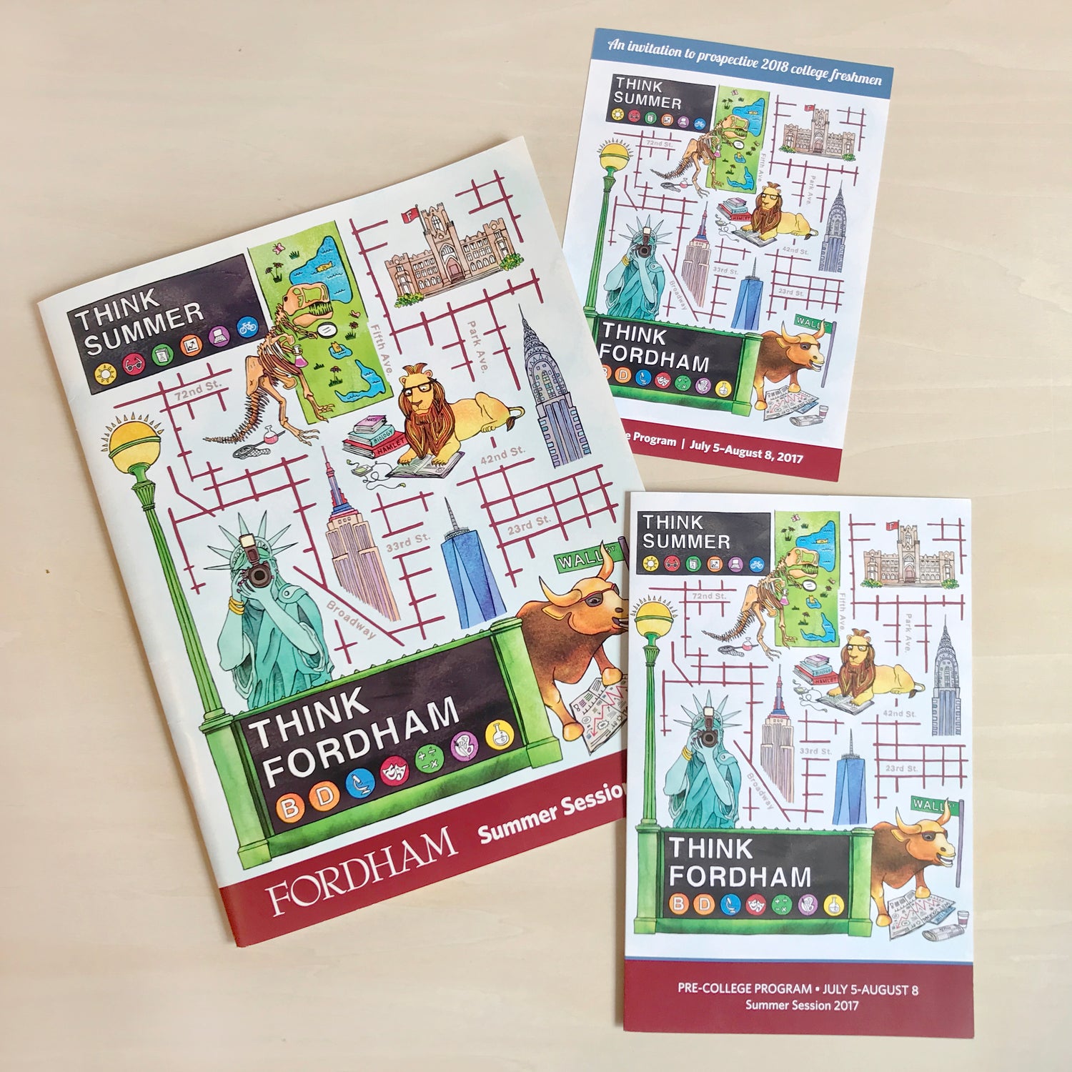 Layout of Fordham University Think Summer, Think Fordham marketing materials including program catalog on left, mailer piece in top right, mini brochure on bottom left