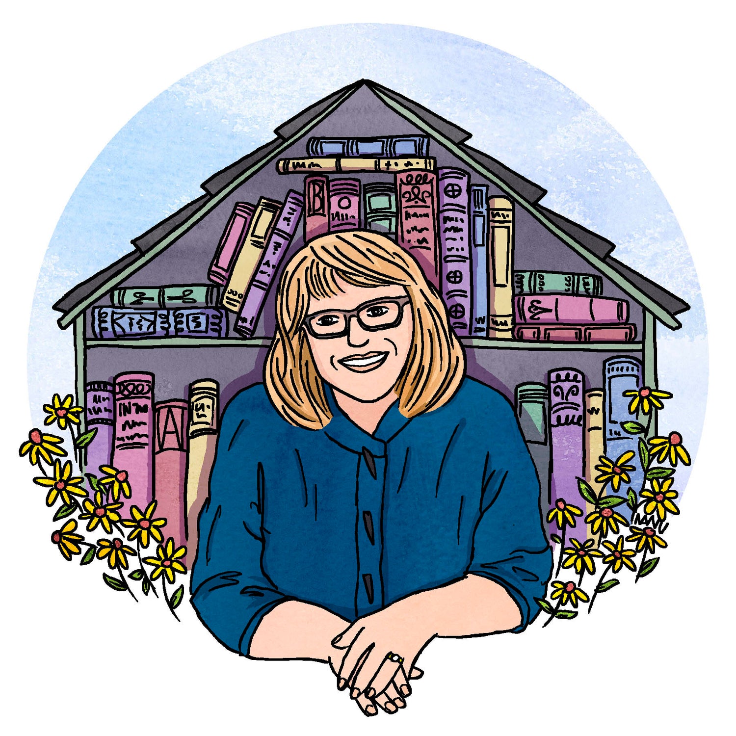 Circular portrait of writer Diana Butler Bass in a blue shirt with a cottage of books in the background and yellow flowers on either side of her in foreground