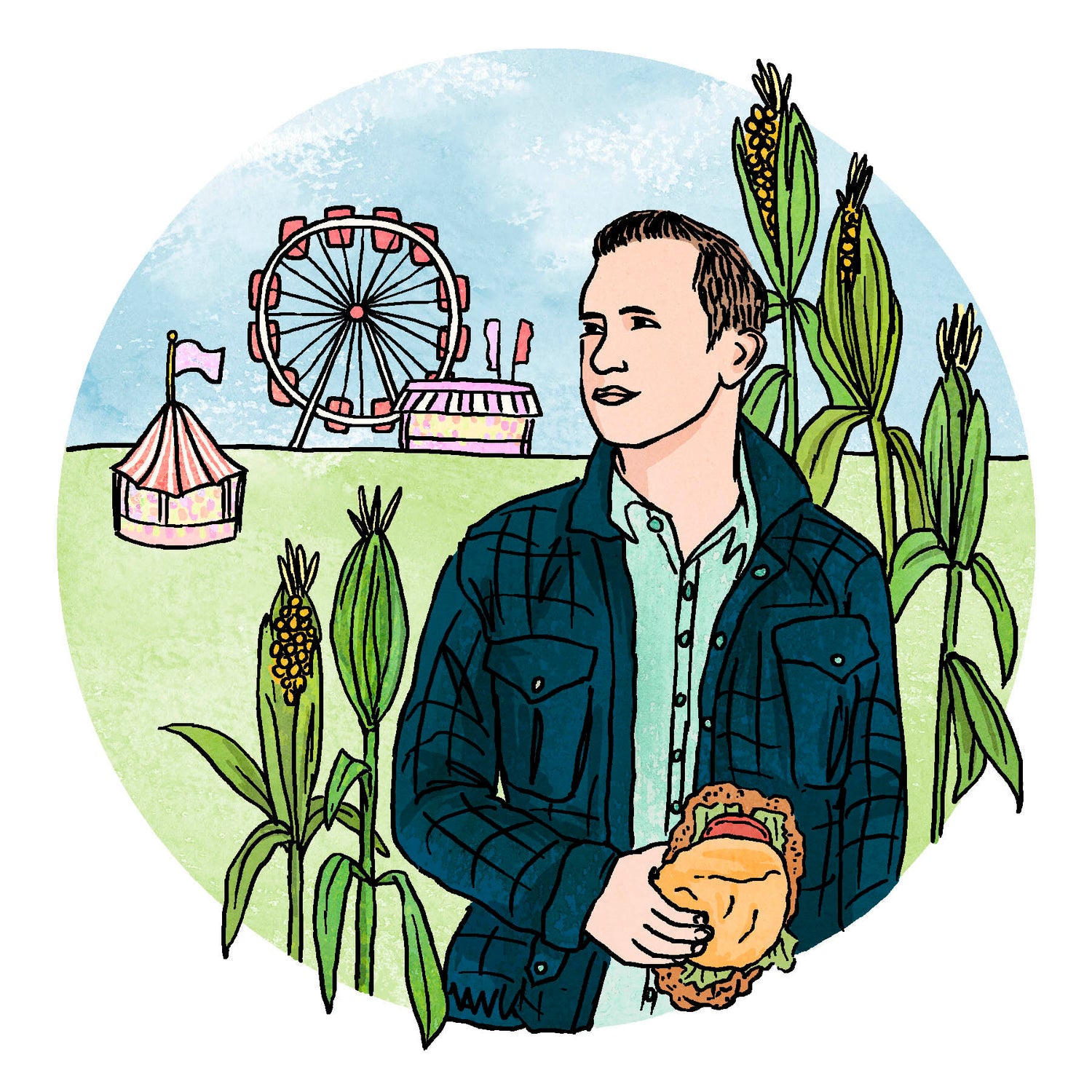 Circular illustrated portrait of writer Adam Wren holding a pork sandwich surrounded by corn stalks in the foreground, county fair in background