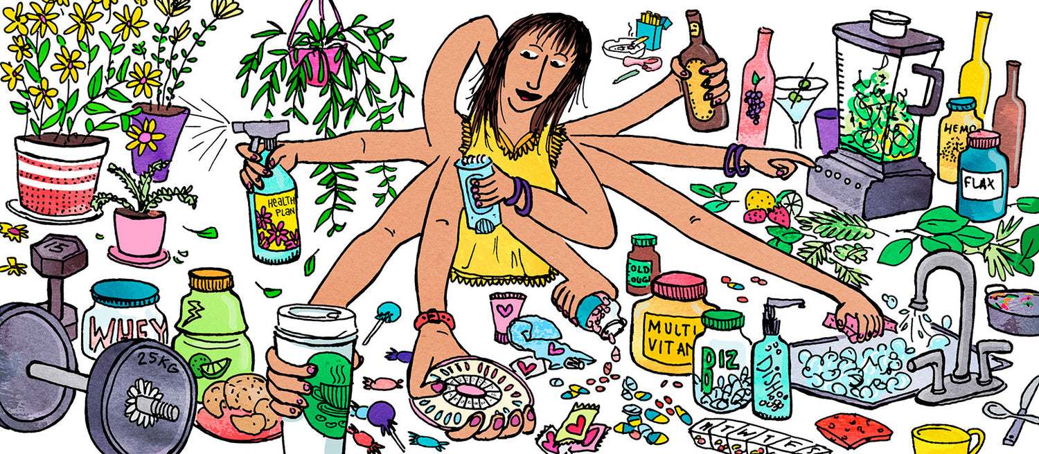 Illustrated Central figure of a multi-armed woman holding things like birth control, bottle of beer, fertilizer spray, while surrounded by plants, workout equipment, medicines and supplements, drugs, foods, and a blender filled with smoothie