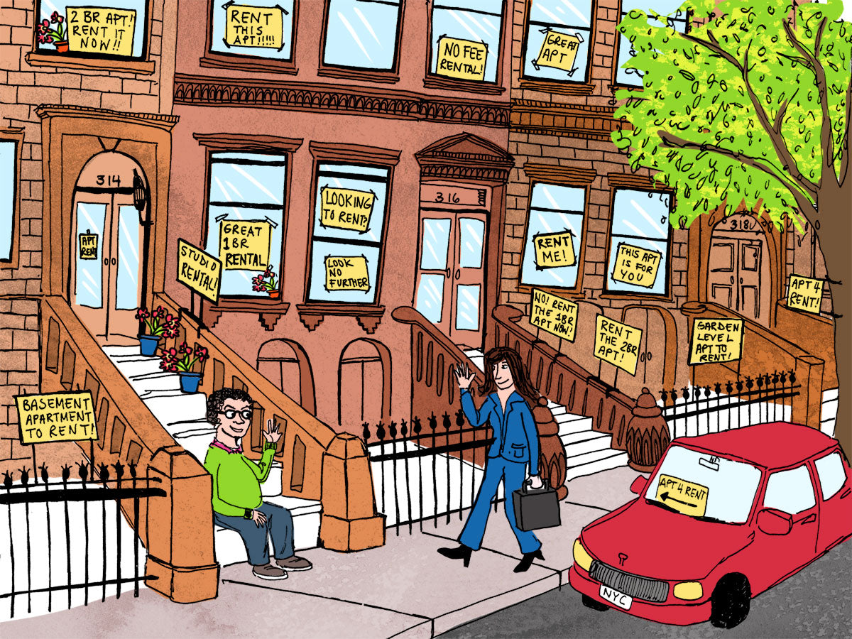 illustrated Street view of brownstone buildings with variety of "for rent" signs in windows, journalist Michael Musto sitting on stoop waving to realtor, red car parked on street 