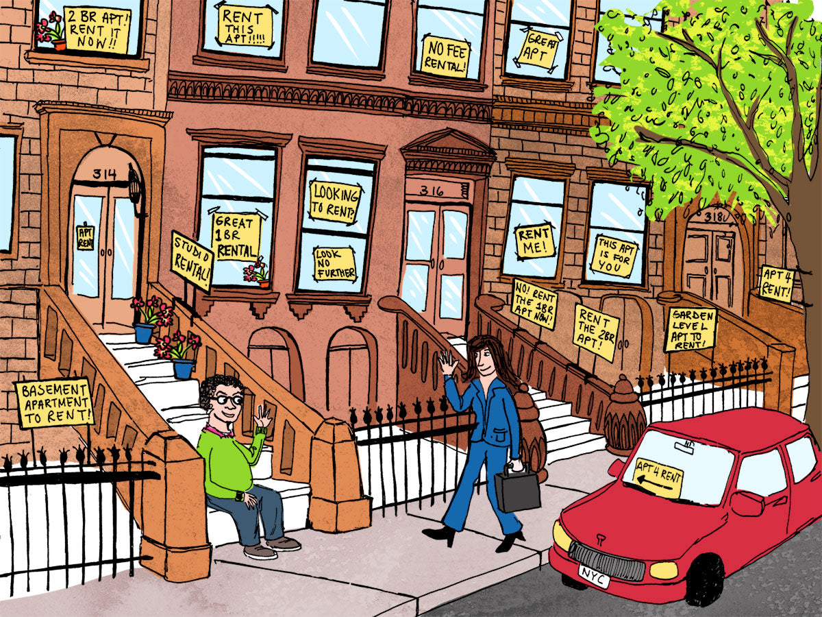 illustrated Street view of brownstone buildings with variety of "for rent" signs in windows, journalist Michael Musto sitting on stoop waving to realtor, red car parked on street