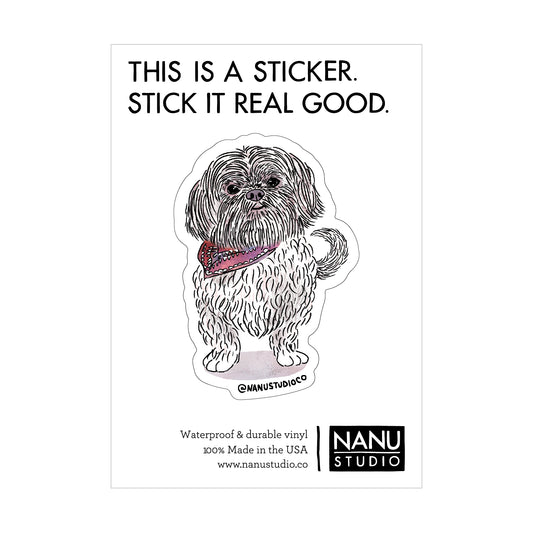 An illustrated sticker featuring a shih tzu wearing a pink bandana around it's neck