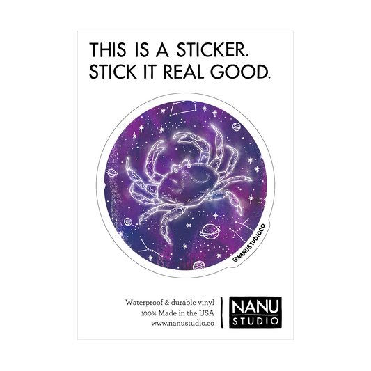 An illustrated sticker featuring a dark blue starlit background with an image of a crab in the centre which seems as though it's glowing, accompanied by three constellations: Cancer, Gemini and Leo