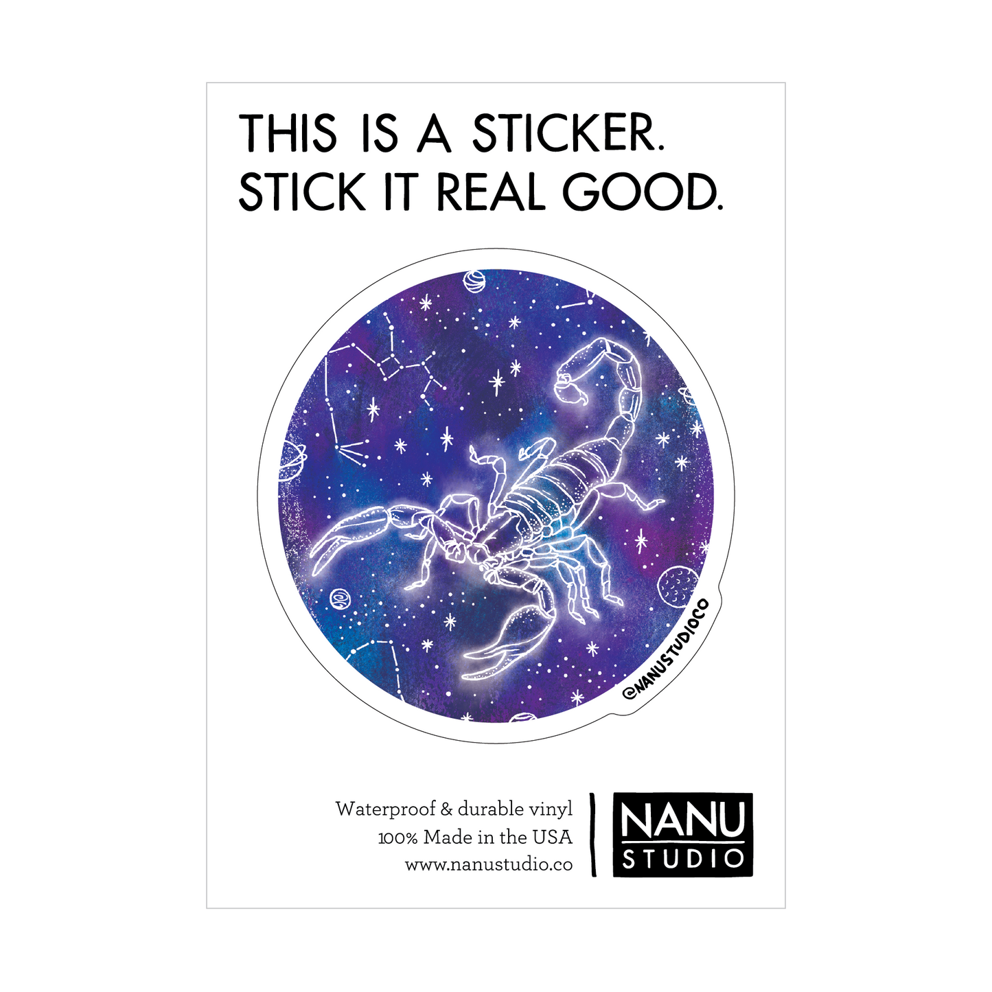 An illustrated sticker featuring a dark blue starlit background with an image of a scorpion in the centre which seems as though it's glowing, accompanied by three constellations: Scorpio, Libra and Sagittarius