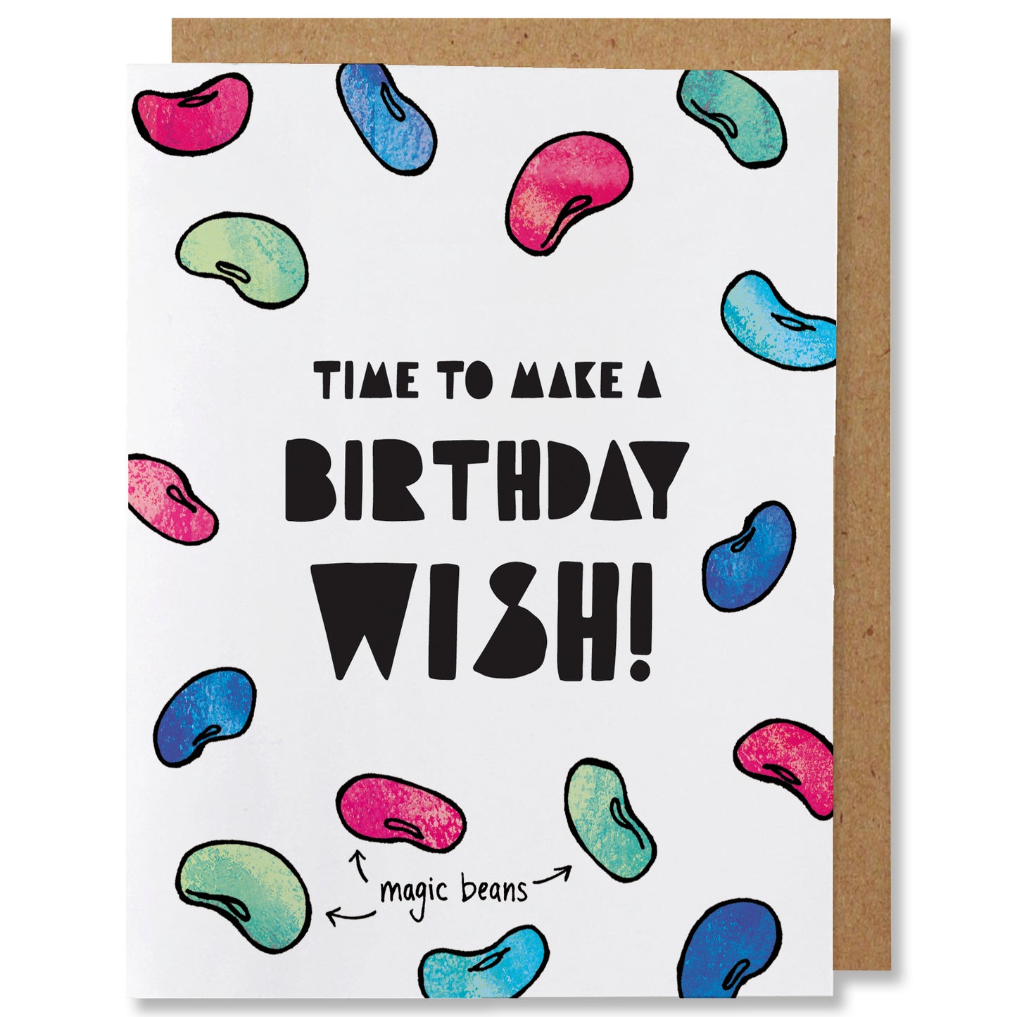 Illustrated Birthday greeting card saying “time to make a birthday wish” in black handlettering and features colorful magic beans in shades of red, blue, and green.