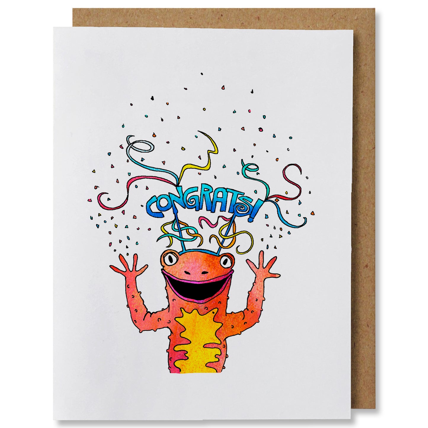 Illustrated congratulations greeting card depicting confetti surrounding a yellow and coral colored newt wearing a party headband with the word “congrats” and streamers.