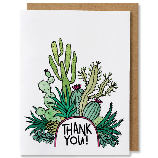 Illustrated Thank you greeting card featuring a dome with a variety of cacti, succulents, and desert plants growing upwards. Within the dome it says “thank you” in black letters