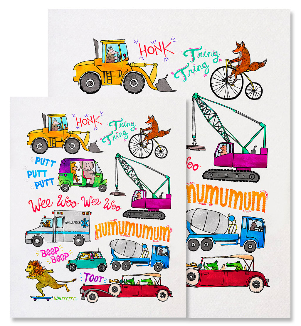 Vehicles - Illustrated Animals Cars Trucks Kids Art Print