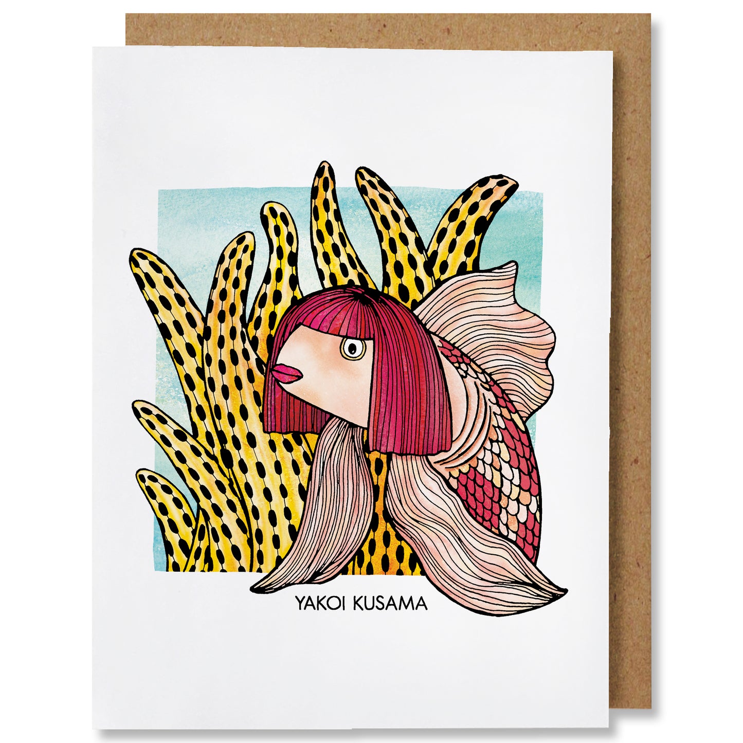An illustrated card featuring Japanese artist Yayoi Kusama as a beautiful fish with red hair and pink lips with yellow and black spotted coral in the background and 'Yakoi Kusama' on the bottom