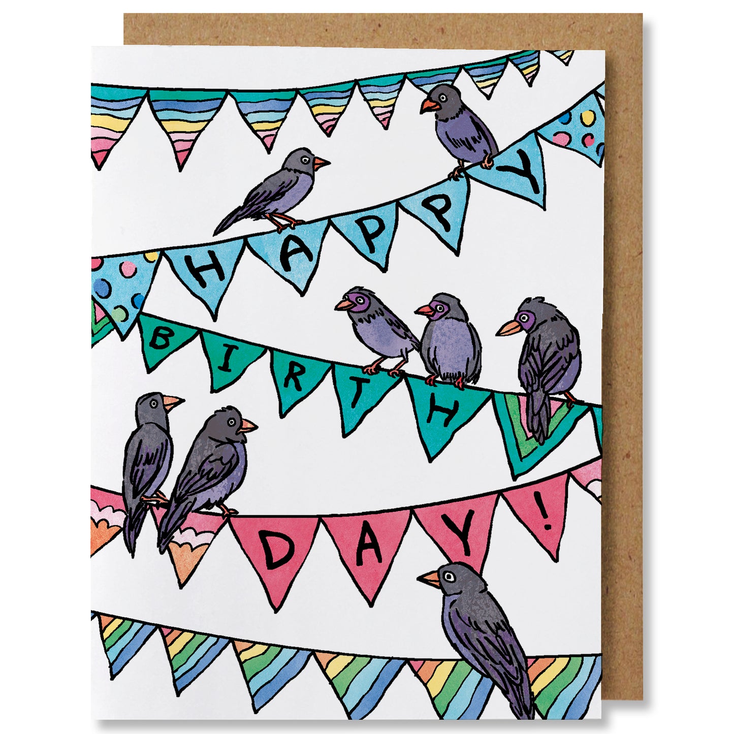An illustrated greeting card featuring 'happy birthday' displayed across a string of blue, aqua and red flags with black birds sitting atop
