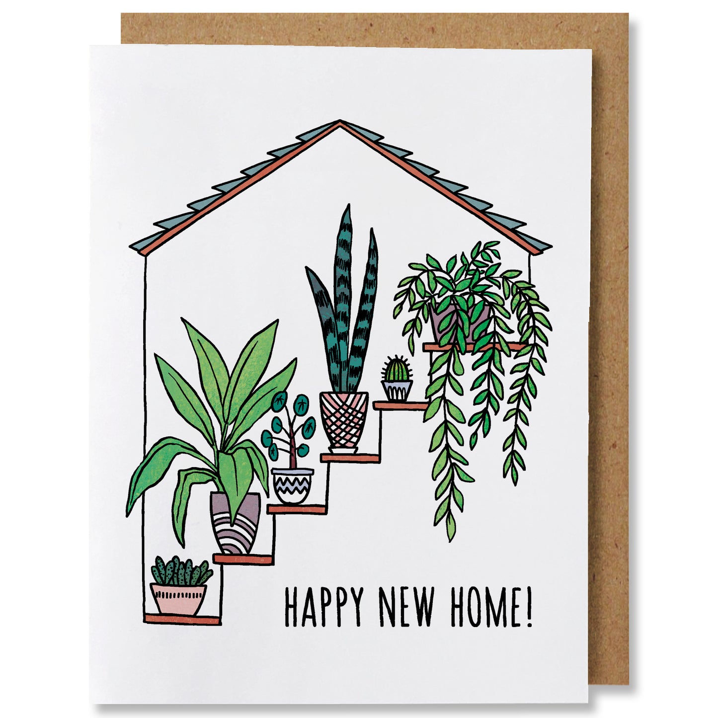 An illustrated greeting card featuring a different variety of potted plants on each level of a staircase outside of a home with the caption "happy new home!"