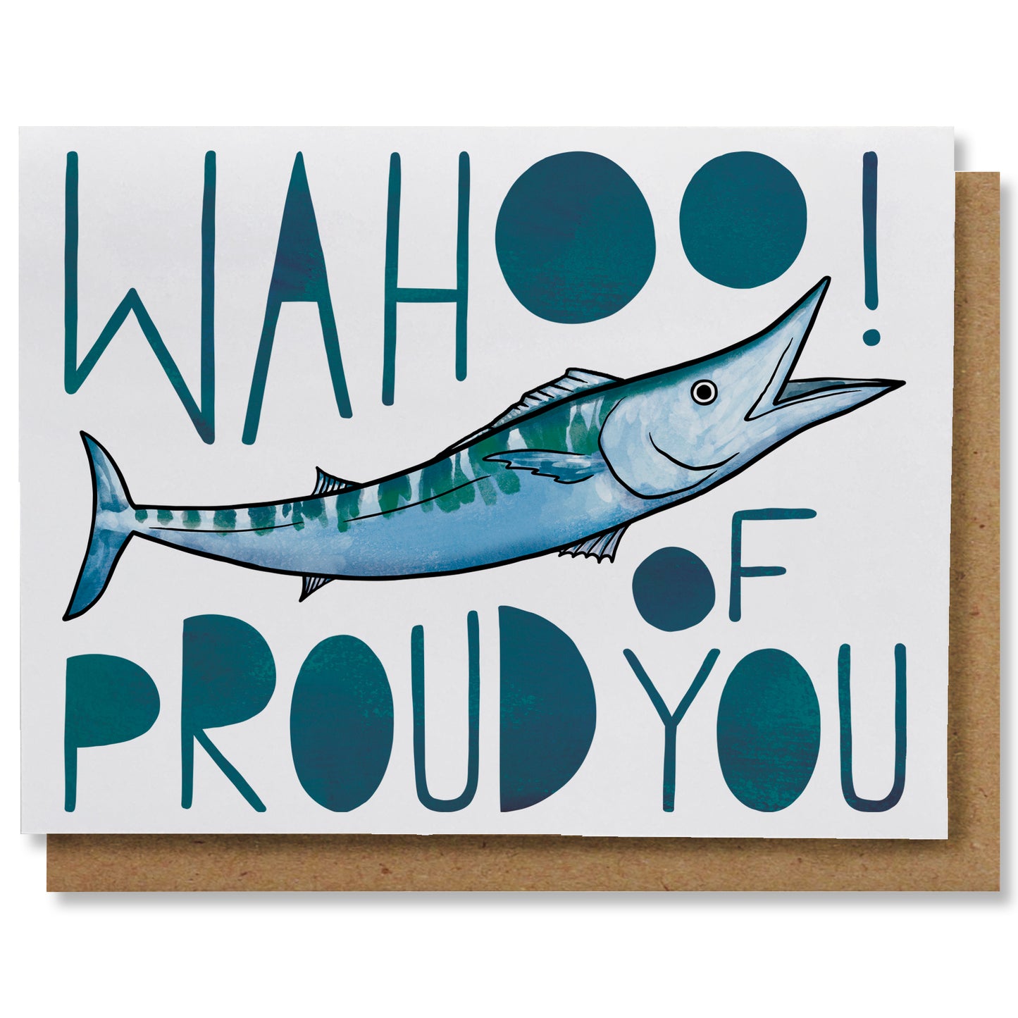 An illustrated greeting card featuring a blue fish with the caption "Wahoo! Proud of you"