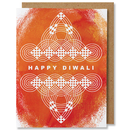 An illustrated card featuring an orange circular background with white swirled designs on the top and bottom of the card with 'Happy Diwali' in the center