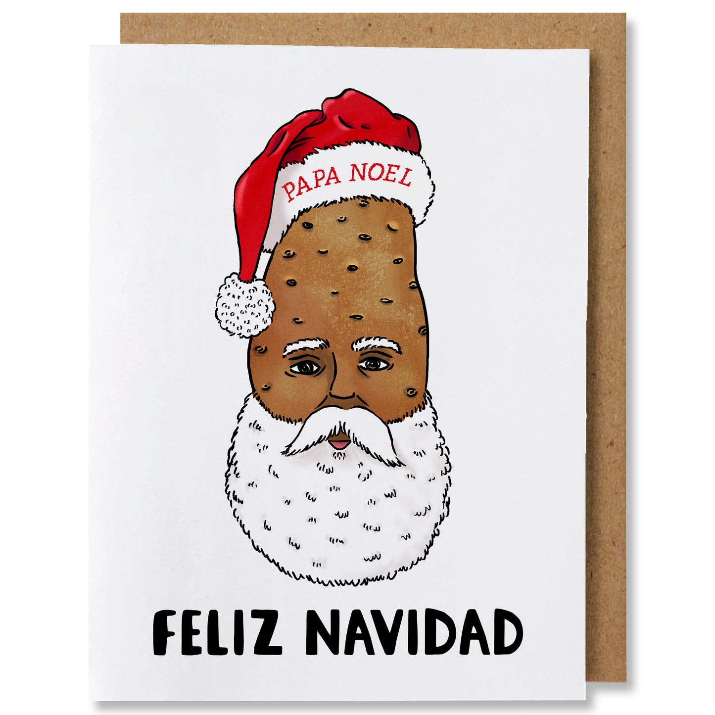 An illustrated holiday card featuring a santa clause in the centre with the words 'Papa Noel' displayed in red on the white rim of the hat with the phrase 'Feliz Navidad' on the bottom