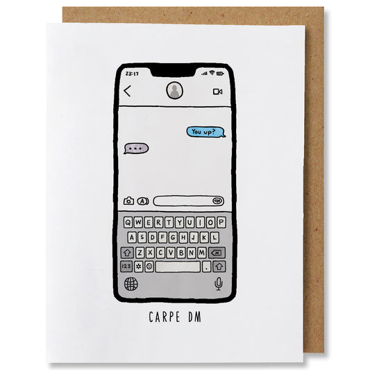 An illustrated card featuring a smart phone text message conversation with full keyboard with the caption "you up?"