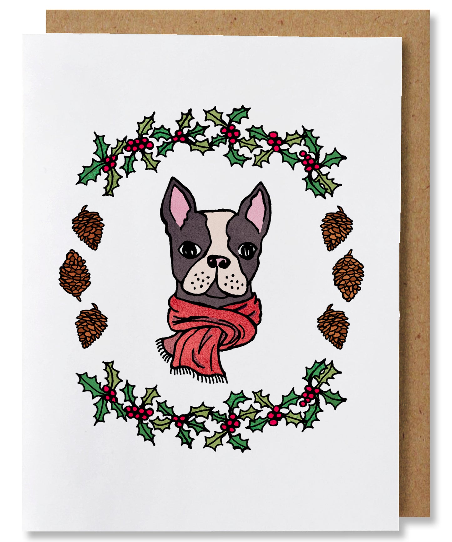 Holly Jolly Boston - Illustrated Dog Christmas Card