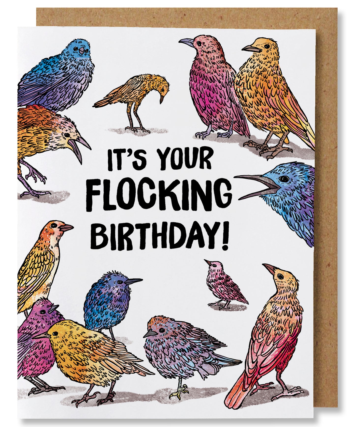 Illustrated greeting card with birds in shades of blue, yellow, pink, and red around the words “it’s your flocking birthday”.
