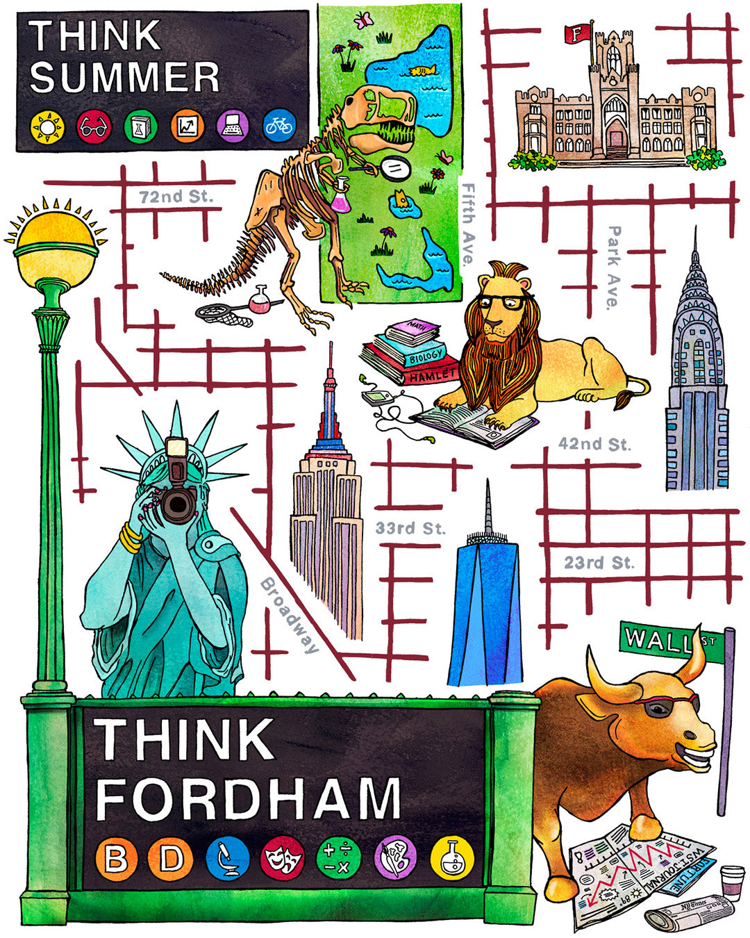 Illustrated map of New York City for Fordham University's Summer Program. Image combines academic subjects with NYC landmarks. Statue of Liberty taking photos behind green subway sign lamp post labeled "Think Fordham". Subway sign above "Think Summer"
