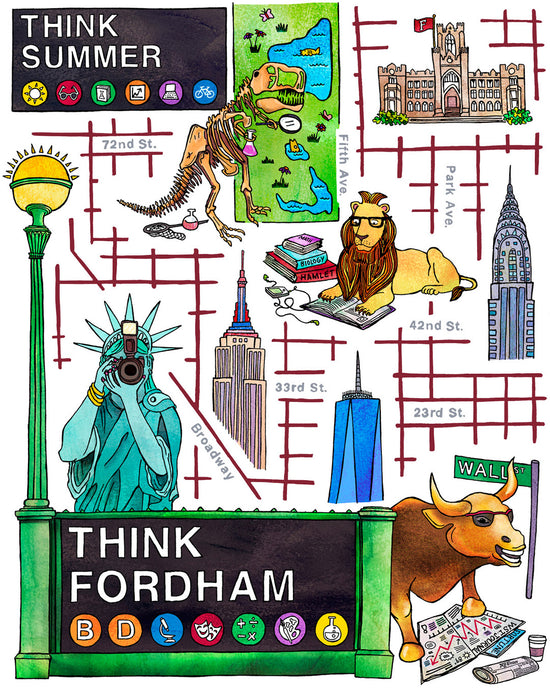 Illustrated map of New York City for Fordham University's Summer Program. Image combines academic subjects with NYC landmarks. Statue of Liberty taking photos behind green subway sign lamp post labeled 