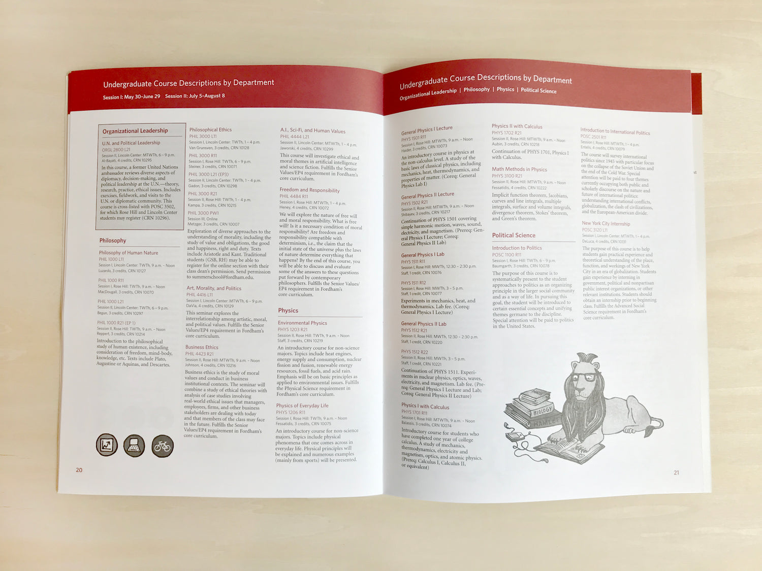 flatlay of Fordham University's summer program catalog spread showing course offerings and feature illustrated icons on left page bottom corner, and NY Public Library lion statue reading in the right page bottom corner