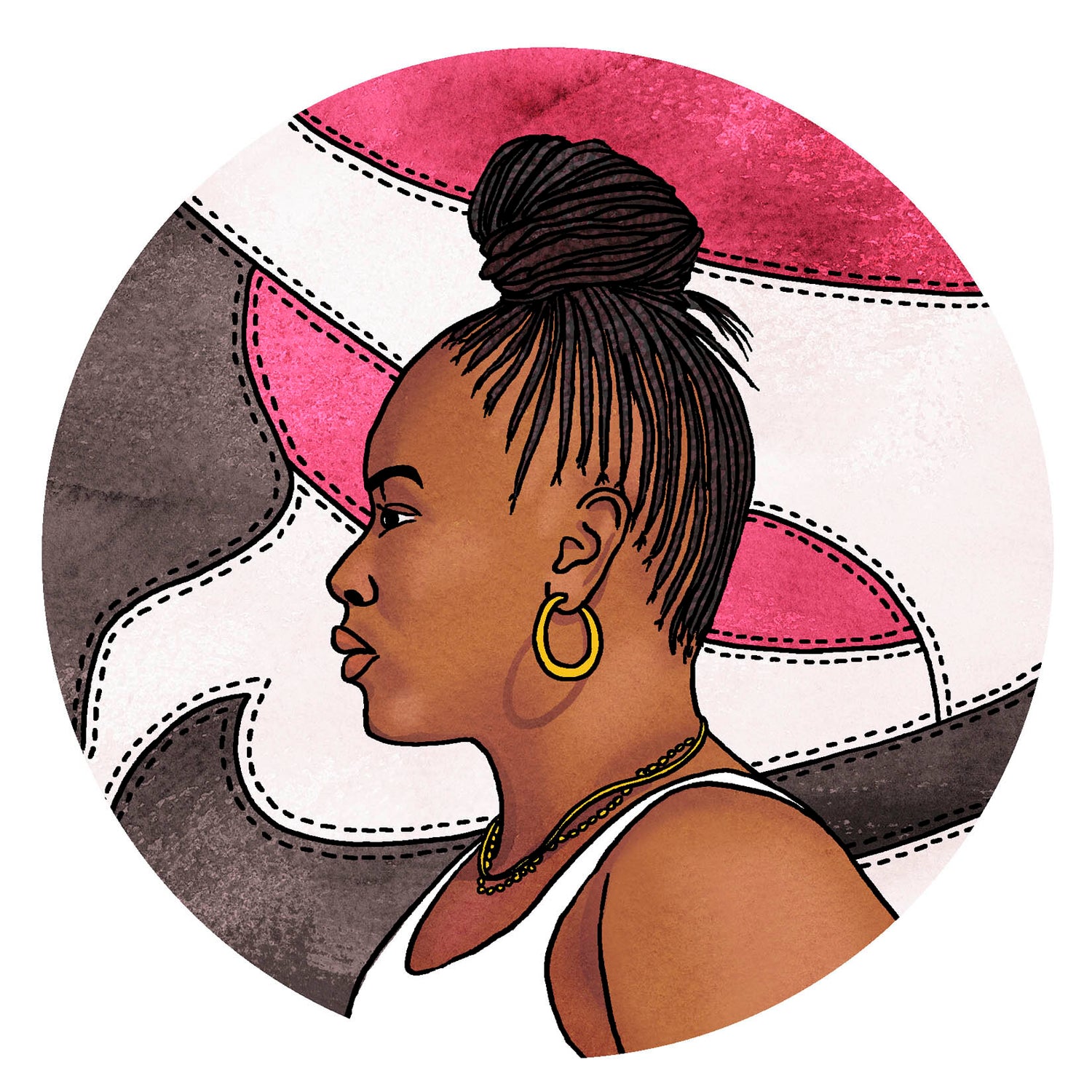 Circular illustrated Profile portrait of writer Darian Harvin wearing braids in a bun with an abstract red, white, and black pattern in the background inspired by Nike sneaker details