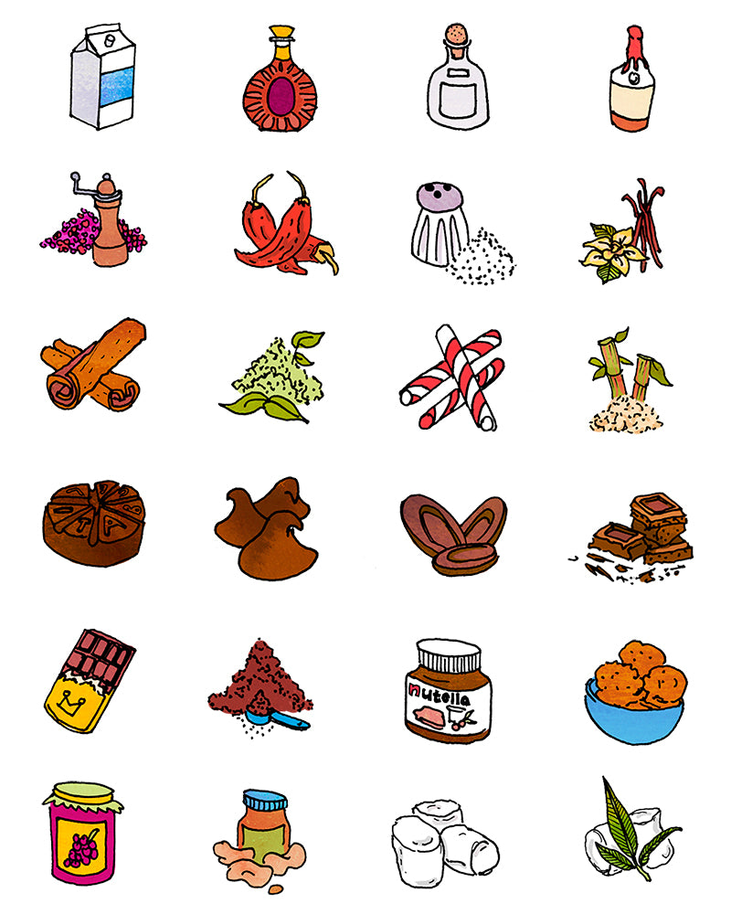 grid of illustrated hot chocolate ingredient icons featuring variety of cocoa, liquors like bourbon and tequila, milk, marshmallows, peanut butter, jelly, spices, matcha, nutella