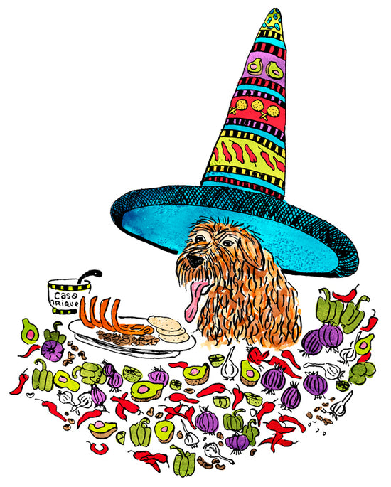 illustrated Golden retriever wearing a striped sombrero surrounded by avocados, chili peppers, onions, and a bowl with the words 