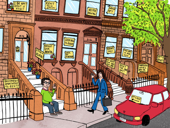 illustrated Street view of brownstone buildings with variety of 