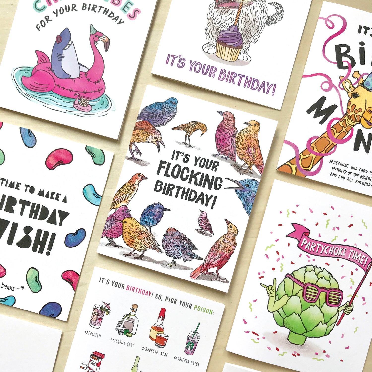 illustrated birthday cards with animals and puns