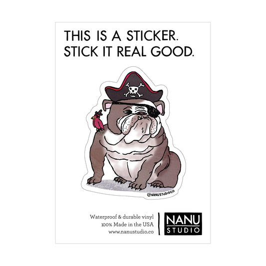 An illustrated sticker of a bulldog wearing a pirate hat and eyepatch. The bulldog also has a parrot on it's shoulder who is also wearing a pirate hat