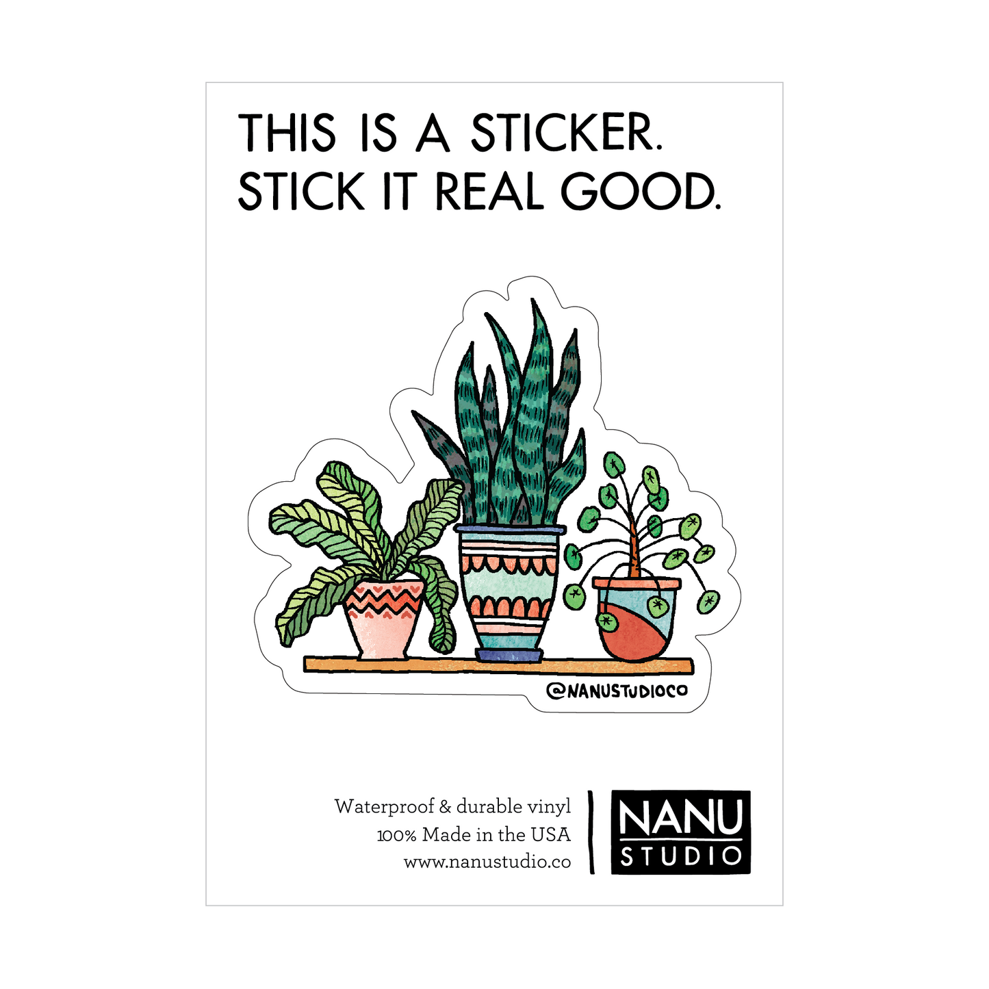 An illustrated sticker featuring three different plants in colourful planters sitting on a shelf