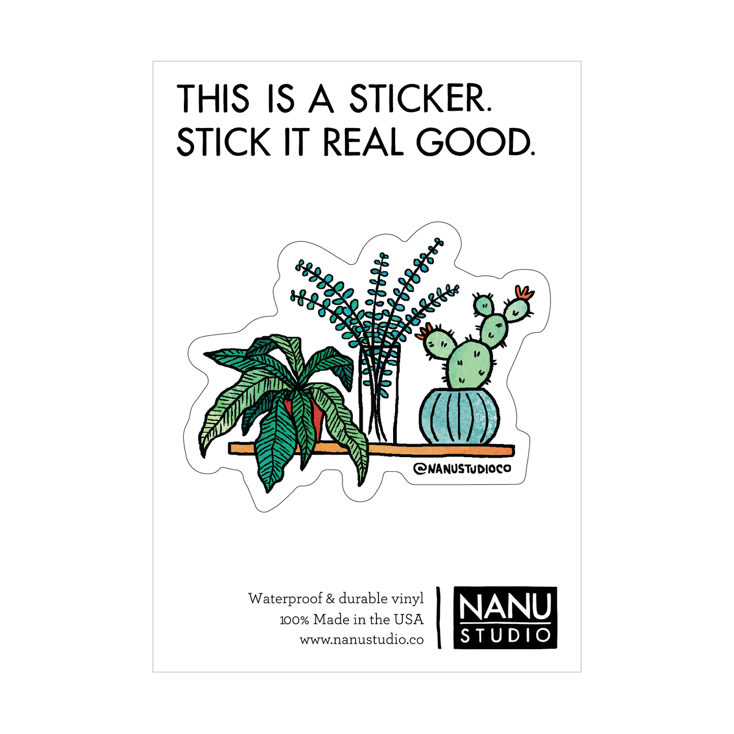 An illustrated sticker featuring three different plant sitting on a shelf