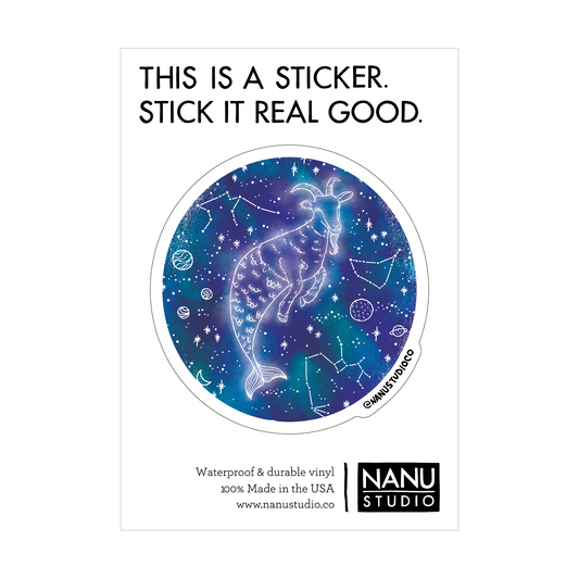 An illustrated sticker featuring a dark blue starlit background with an image of a half goat half fish in the centre which seems as though it's glowing, accompanied by three constellations: Capricorn, Sagittarius and Aquarius