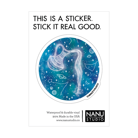 An illustrated sticker featuring a dark blue starlit background with an image of a pitcher pouring water in the centre which seems as though it's glowing, accompanied by three constellations: Aquarius, Capricorn and Pisces