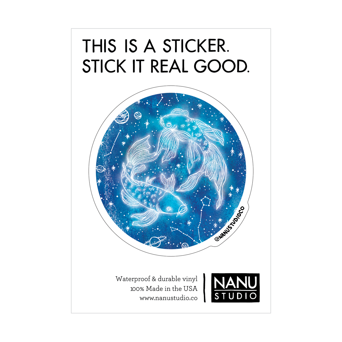 An illustrated sticker featuring a dark blue starlit background with an image of two fish swimming in the centre which seems as though it's glowing, accompanied by three constellations: Pisces, Aquarius and Aries