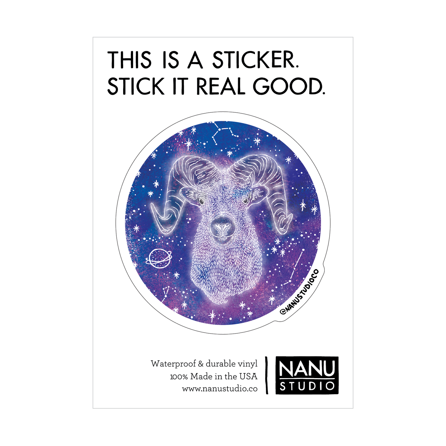 An illustrated sticker featuring a dark blue starlit background with an image of a large ram in the centre which seems as though it's glowing, accompanied by three constellations: Aries, Pisces and Taurus