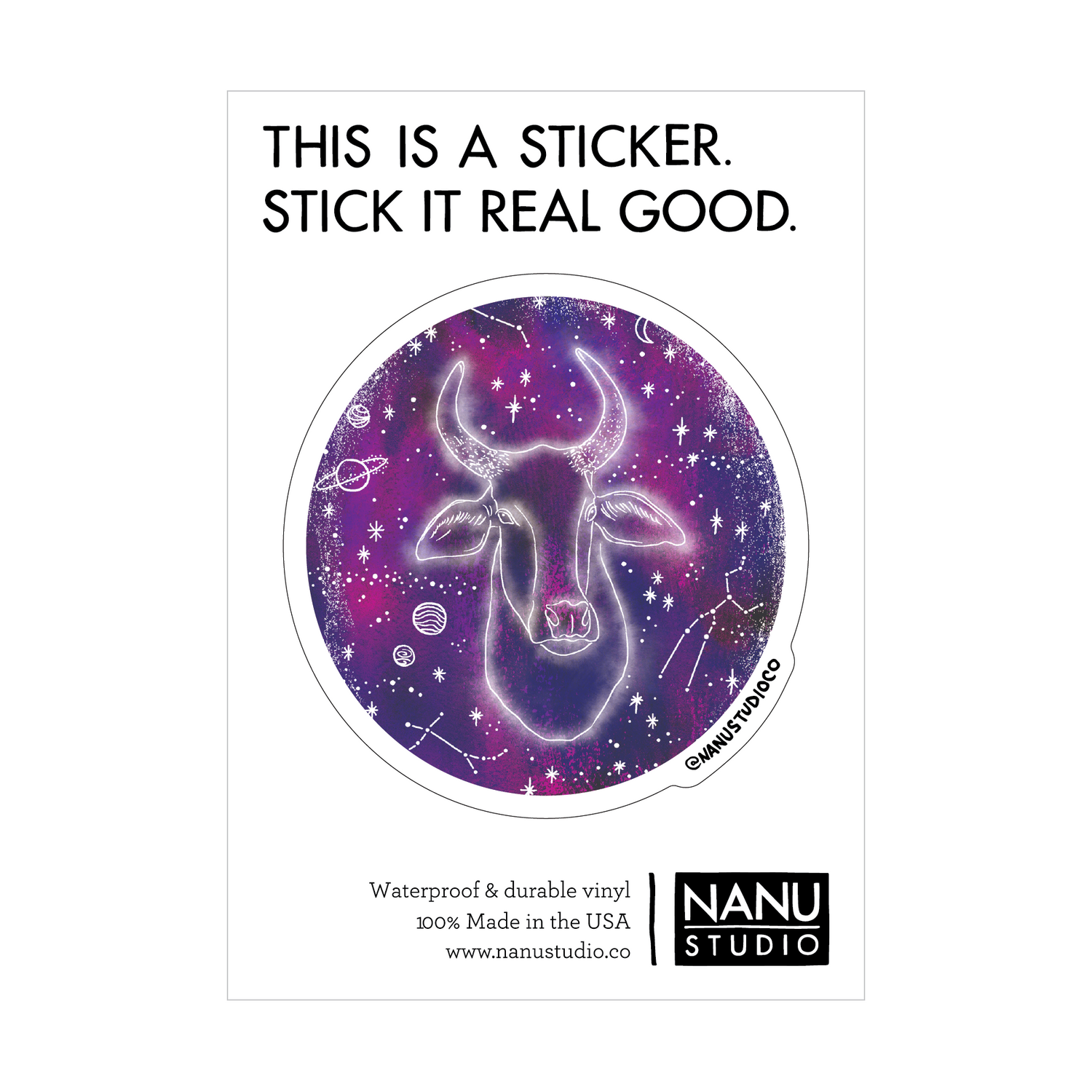 An illustrated sticker featuring a dark blue starlit background with an image of a cow with large horns in the centre which seems as though it's glowing, accompanied by three constellations: Taurus, Aries and Gemini