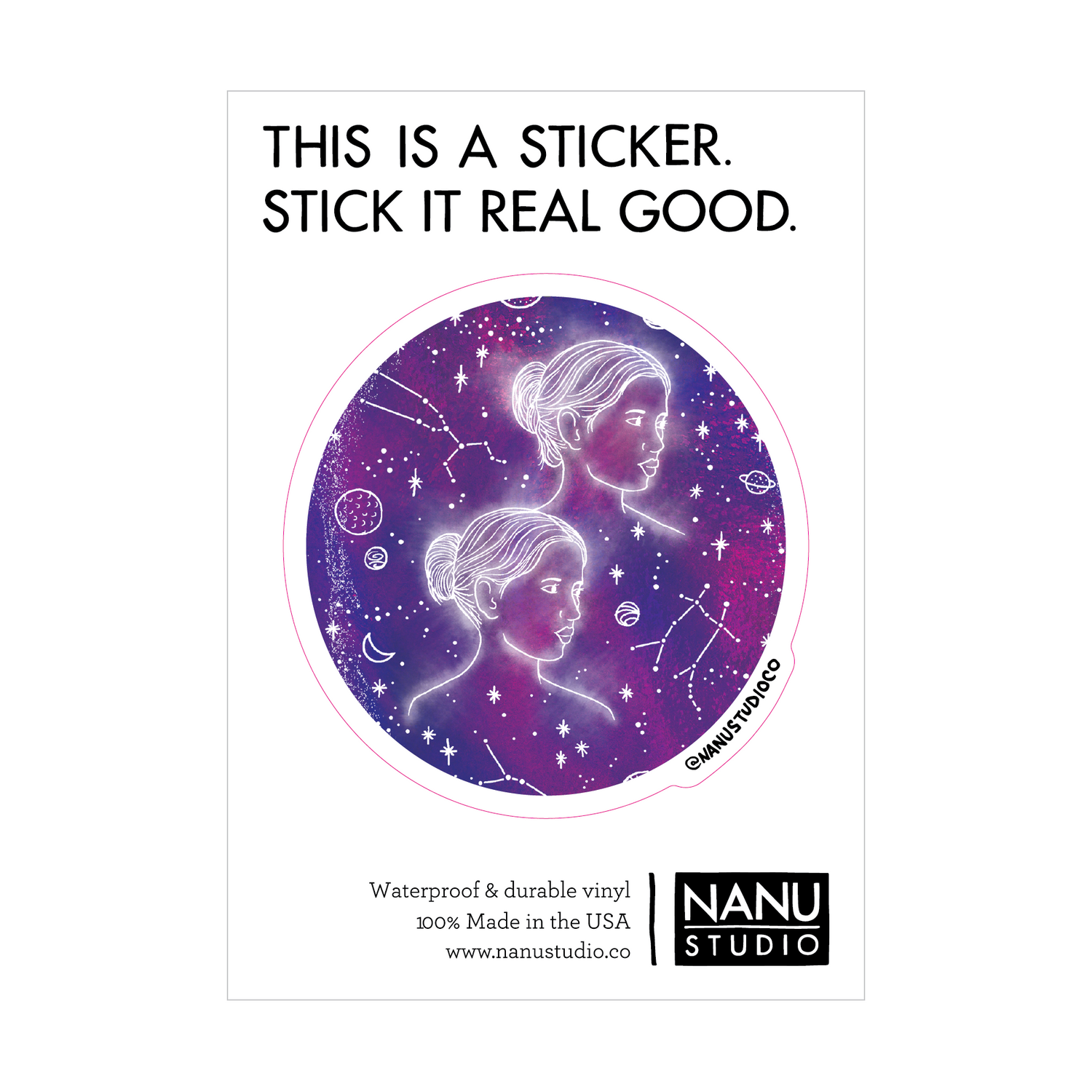 An illustrated sticker featuring a dark blue starlit background with an image of two women looking to the right in the centre which seems as though it's glowing, accompanied by three constellations: Gemini, Taurus and Cancer