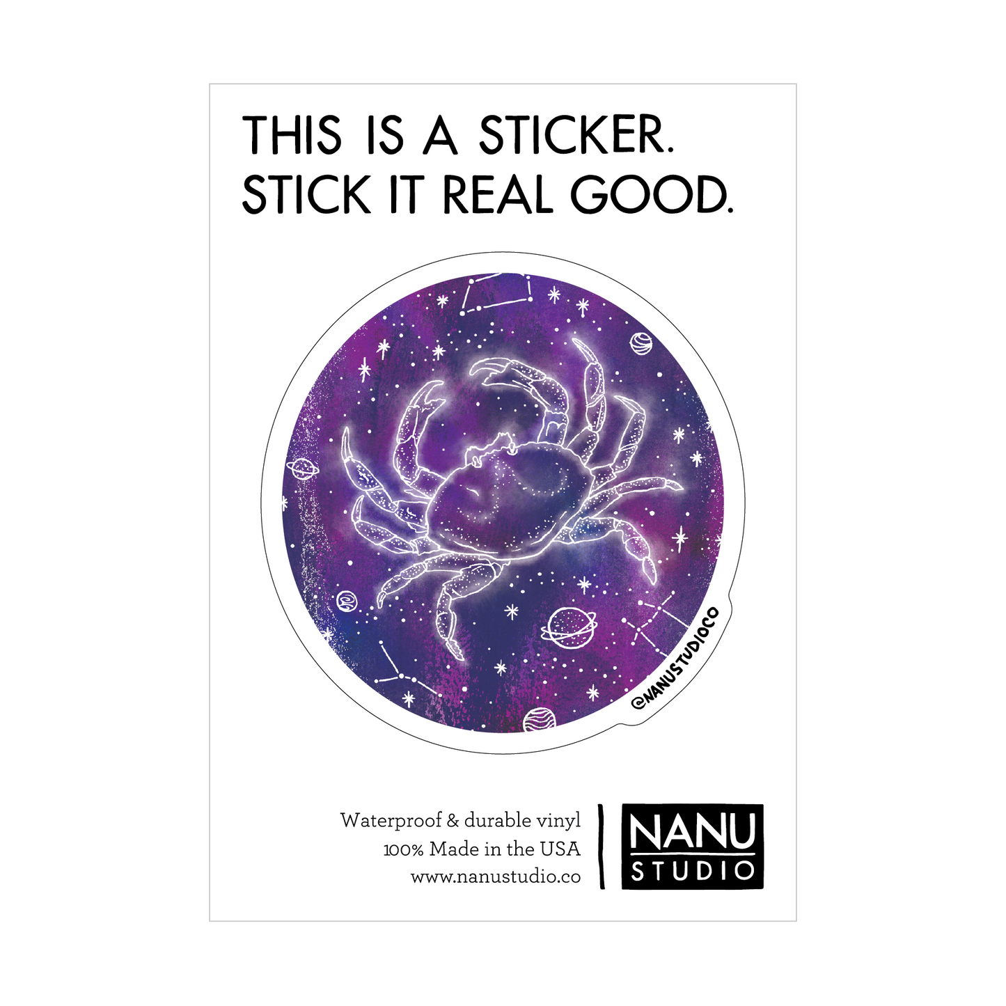 An illustrated sticker featuring a dark blue starlit background with an image of a crab in the centre which seems as though it's glowing, accompanied by three constellations: Cancer, Gemini and Leo