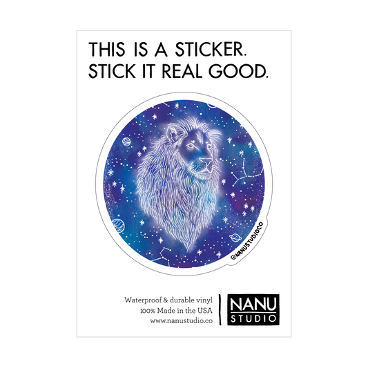 An illustrated sticker featuring a dark blue starlit background with an image of a lion with a large mane in the centre which seems as though it's glowing, accompanied by three constellations: Leo, Cancer and Virgo