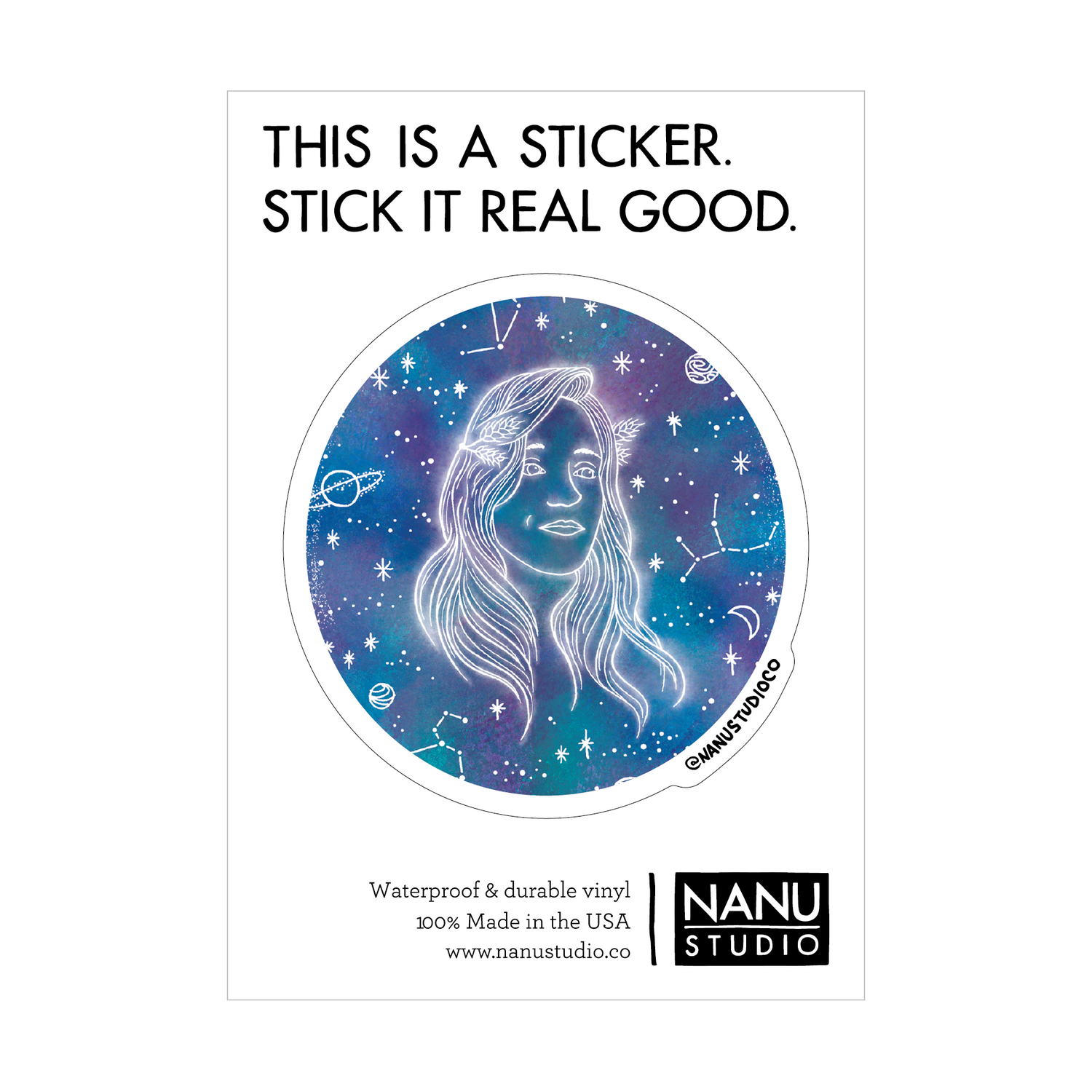 An illustrated sticker featuring a dark blue starlit background with an image of a woman with long hair in the centre which seems as though it's glowing, accompanied by three constellations: Virgo, Leo and Libra