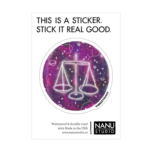 An illustrated sticker featuring a dark blue starlit background with an image of a balance scale  in the centre which seems as though it's glowing, accompanied by three constellations: Libra, Virgo and Scorpio