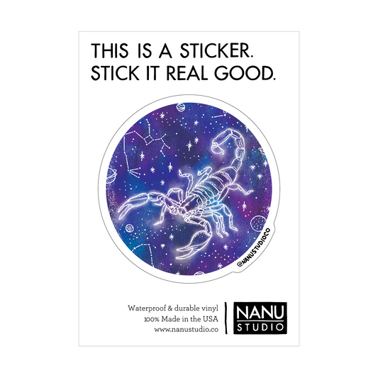 An illustrated sticker featuring a dark blue starlit background with an image of a scorpion in the centre which seems as though it's glowing, accompanied by three constellations: Scorpio, Libra and Sagittarius