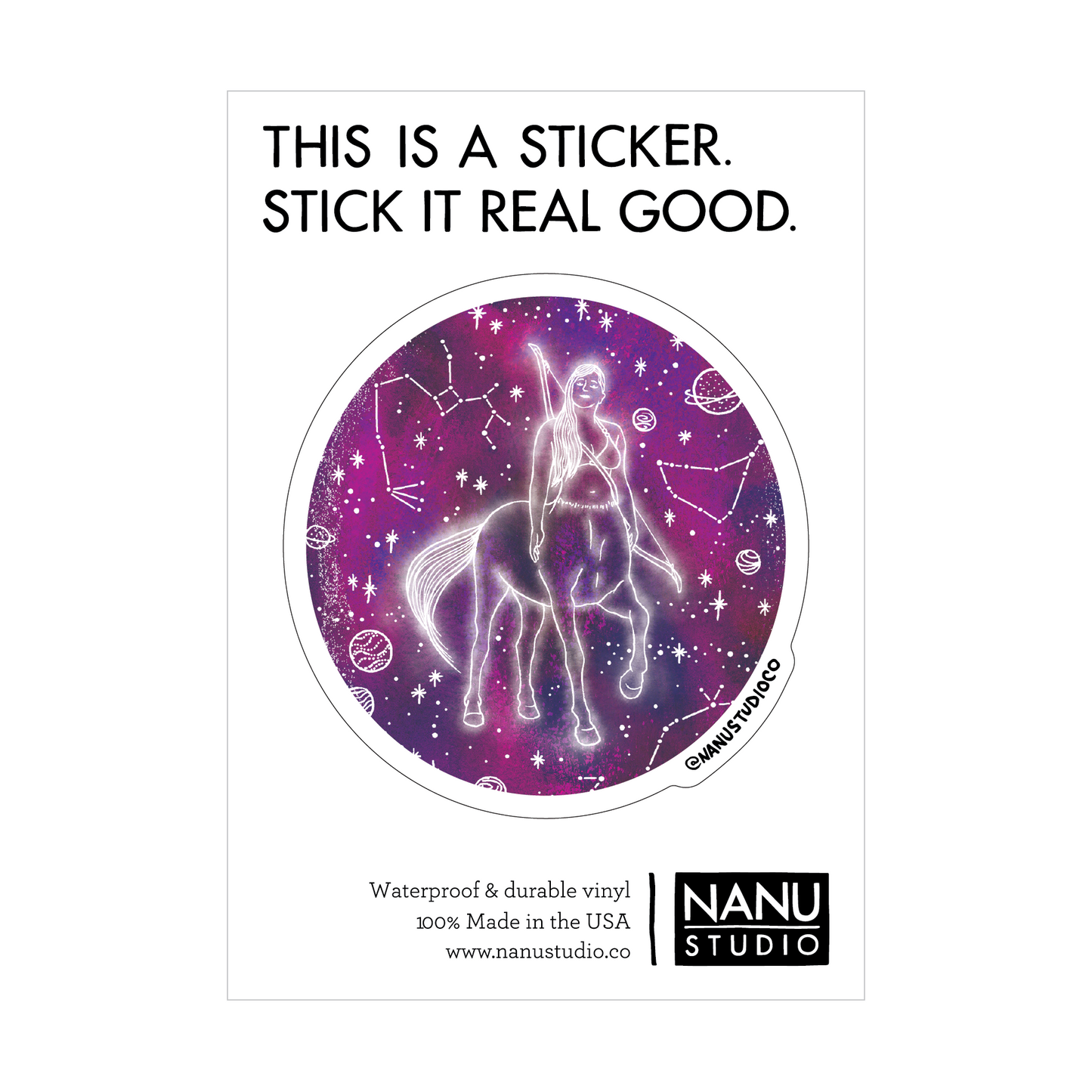 An illustrated sticker featuring a dark blue starlit background with an image of a female centaur with a crossbow strapped across her back in the centre which seems as though it's glowing, accompanied by three constellations: Sagittarius, Scorpio and Aquarius
