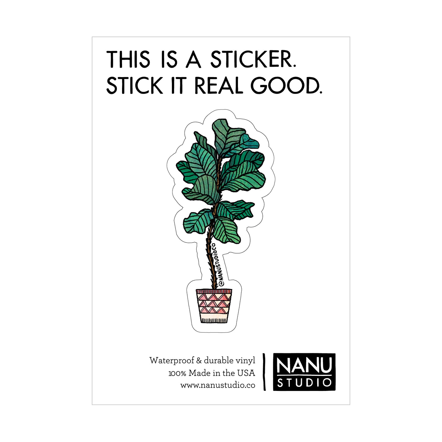 An illustrated sticker featuring a fiddle fig in a pot with a geometric triangle pattern