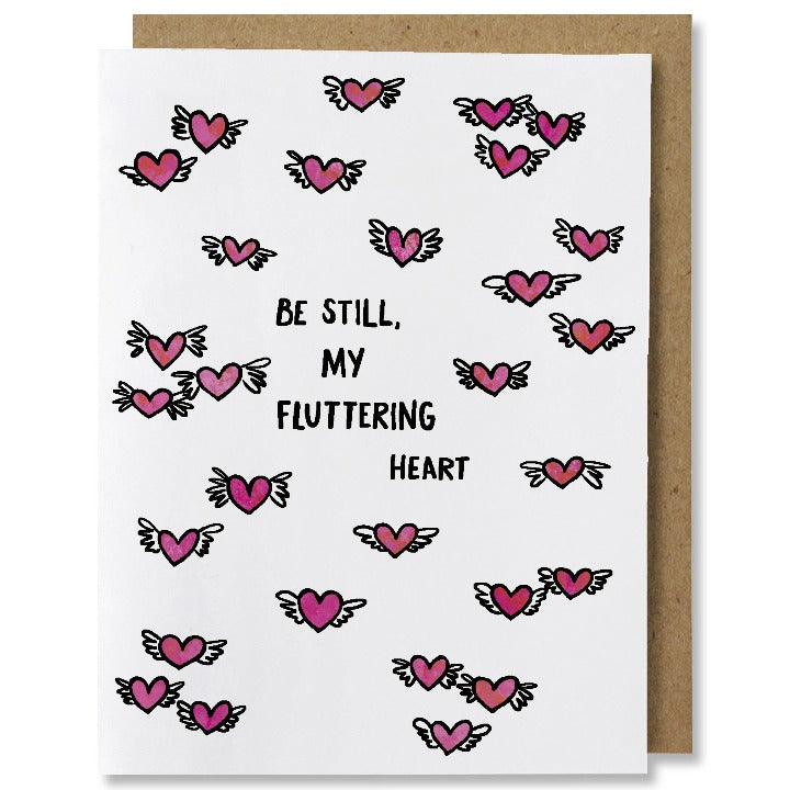 illustrated valentine’s day love greeting card with many winged hearts with the words “be still, my fluttering heart” in the center.