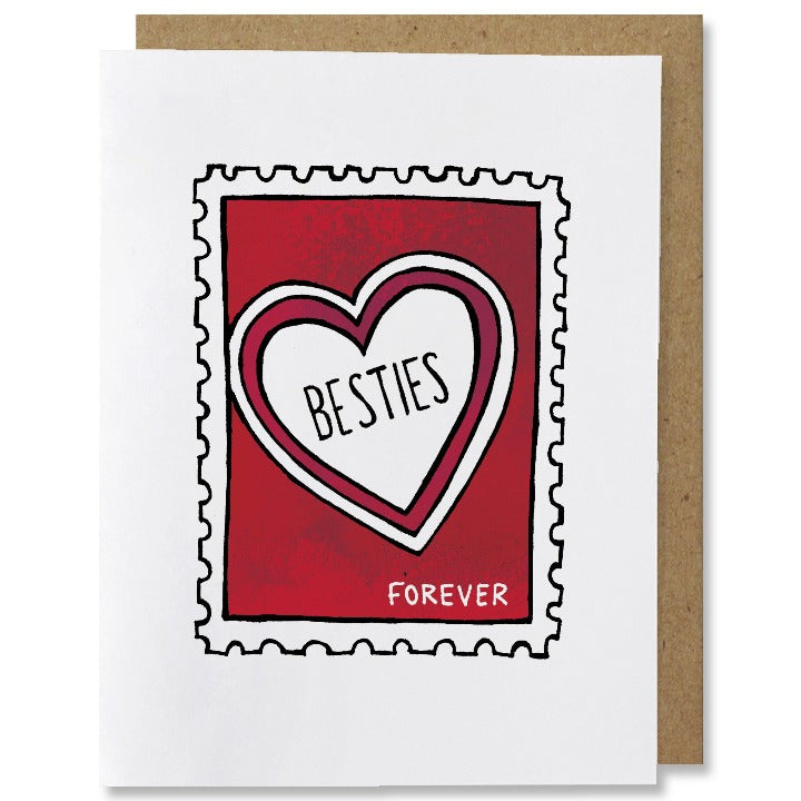 illustrated friendship greeting card featuring a red and white postage stamp with a heart in the center and the words “besties forever”