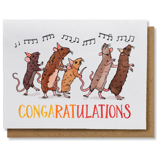 the word “congaratulations” in red, orange and yellow. Above the rats are Gloria Estefan’s musical score for her song “Conga”